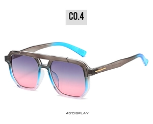 Detail view of double bridge aviator sunglasses with blue-pink gradient lenses