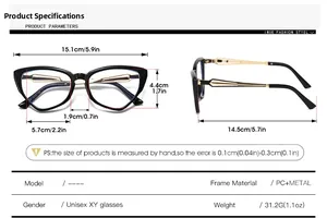 Detailed size chart for cat eye glasses frames showing width, height and material specs