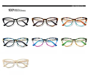 Detail display of multiple cat-eye anti-blue light glasses frames in various colors and patterns