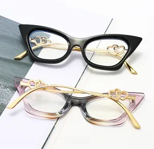 Detail of cat-eye eyewear frames with elegant gold double heart metal hinges on the temples
