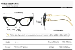 Size chart showing Cat Eye glasses frame dimensions with dual heart temple details