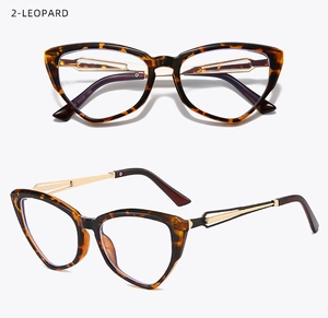 Detailed views of leopard cat-eye glasses frame with golden metal temples and sizing marks