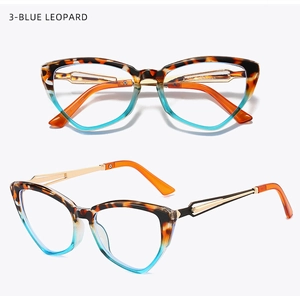 Detail of blue leopard cat-eye frames with gold metal hollowed-out temple design
