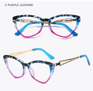 Detailed view of cat-eye frames with purple leopard pattern and hollow metal temples