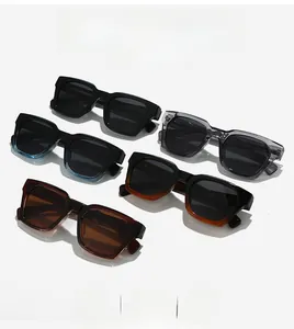 Close-up of stylish thick-frame sunglasses in various colors like amber and olive green