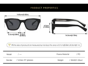 Detailed size chart for unisex square sunglasses showing dimensions and PC material specs