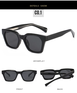 Multiple views of black square frame sunglasses with thick temples and dark lenses