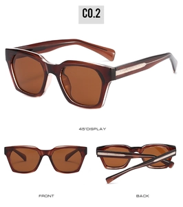 Detailed views of translucent tea-brown sunglasses with golden arrow temple accents