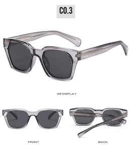 Three-view display of translucent grey polarized sunglasses in olive and candy tones