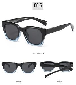 Multi-angle view of black and blue gradient square sunglasses with dark grey lenses