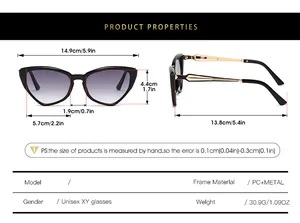 Guide des tailles pour lunettes œil de chat avec dimensions en cm et pouces