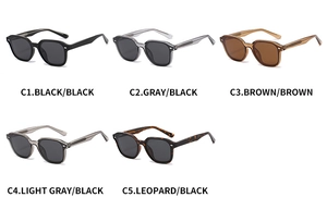 Detailed grid showing five colors of rectangular polarized sunglasses with thick temples