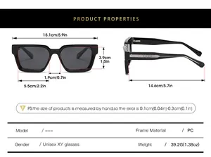 Detailed size chart for minimalist rectangular polarized sunglasses showing dimensions