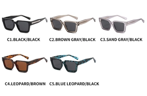 Detail showing five assorted rectangular sunglasses with metal diamond hinge accents