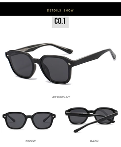 Detailed macro view of black rectangular polarized sunglasses with silver metal rivets