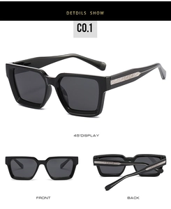Detail views of square polarized sunglasses with silver woven texture on the temples