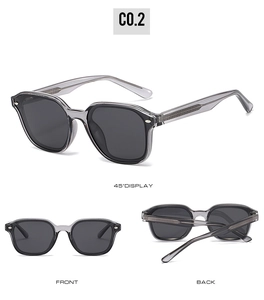 Three-way view of grey transparent rectangular polarized sunglasses with vintage frame