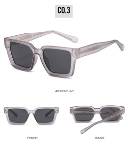 Three-view layout of translucent grey-purple square sunglasses with woven texture detail