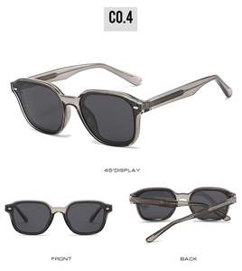 Three-view layout of vintage rectangular polarized sunglasses in transparent grey finish