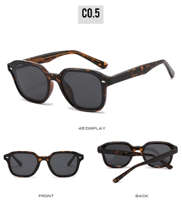 Three-way view of retro tortoiseshell geometric sunglasses with silver rivets detail