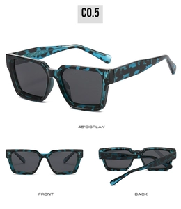 Three-view display of square blue marble polarized sunglasses showing front and side angles