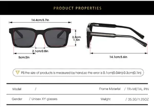 Detailed size chart for classic square sunglasses showing frame dimensions and materials