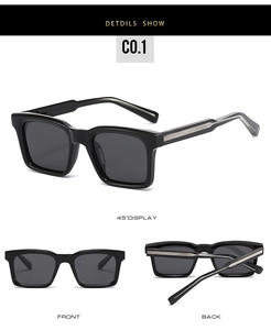 Three-view shots of black square polarized sunglasses showing silver temple metal details