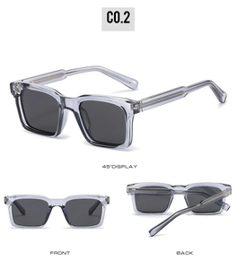 Three-angle view of transparent grey square polarized sunglasses with metal core temples