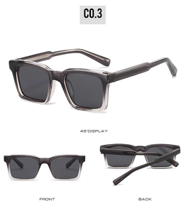 Multi-angle view of square polarized sunglasses with gray frames and metal core temples