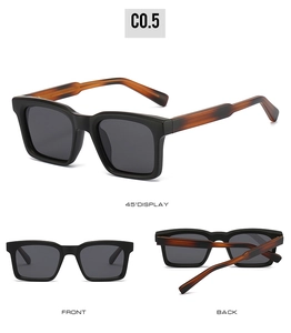 Three views of square polarized sunglasses with black frames and tortoiseshell temples