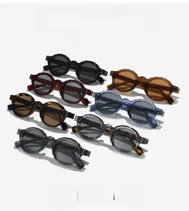 Detailed close-up of retro round thick-frame sunglasses in seven assorted fashion colors