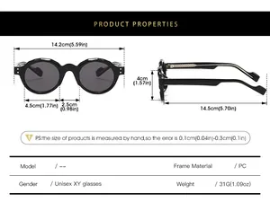 Detailed size chart for retro round sunglasses with frame and lens measurements in cm and in
