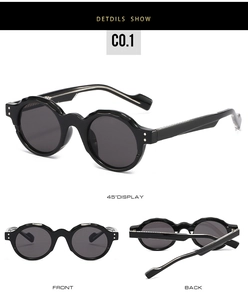 Detailed views of vintage round black sunglasses featuring thick frames and silver accents