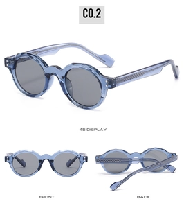Three-way view of retro round blue sunglasses showing 45-degree angle, front and back design