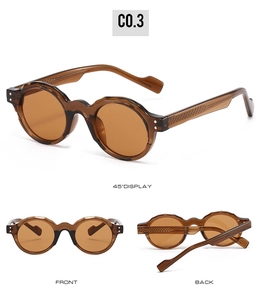 Multi-angle view of vintage round sunglasses with wavy frames and brown gradient lenses