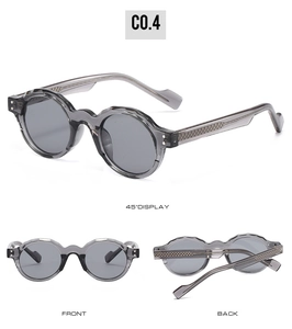 Multi-angle view of round vintage grey sunglasses with textured temples and CO.4 code