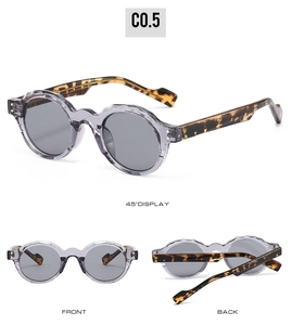 Three views of round gray semi-transparent sunglasses with classic tortoise temples