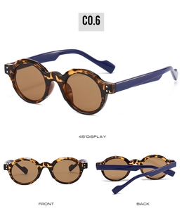 Detailed views of vintage round sunglasses with tortoiseshell frames and blue temples