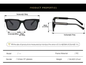 Guide des tailles détaillé montrant les mesures des lunettes de soleil carrées