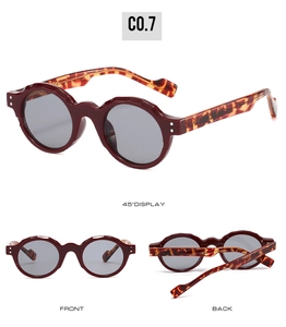 Three views of retro round sunglasses with wavy wine red frames and tortoise temples