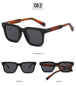 Détail de lunettes de soleil carrées polarisées avec monture noire et branches écaillées