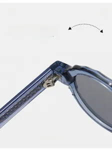 Macro shot of high-strength silver metal hinge on translucent blue retro sunglasses
