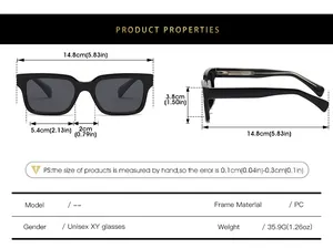 Detailed size chart for unisex sunglasses showing lens width and PC frame specifications