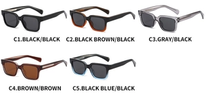 Flat lay detail showing five colors of square framed retro sunglasses with wide temples
