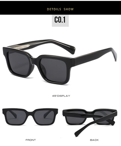 Detailed views of square black sunglasses with iconic gold-tone arrow metal hinges