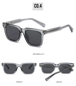 Vues détaillées de lunettes de soleil carrées gris transparent montrant l'avant et l'arrière