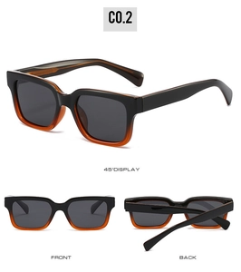 Three views of square frame sunglasses with black and amber orange tortoiseshell finish