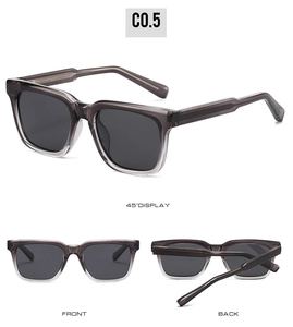 Détails de lunettes de soleil carrées gris translucide avec verres foncés en trois vues