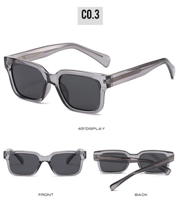 Detail view of olive green rectangle sunglasses showing front, back, and 45-degree angle