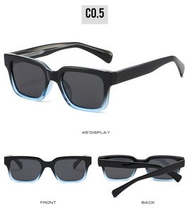 Multi-angle view of square sunglasses with black and blue gradient frames and grey lenses